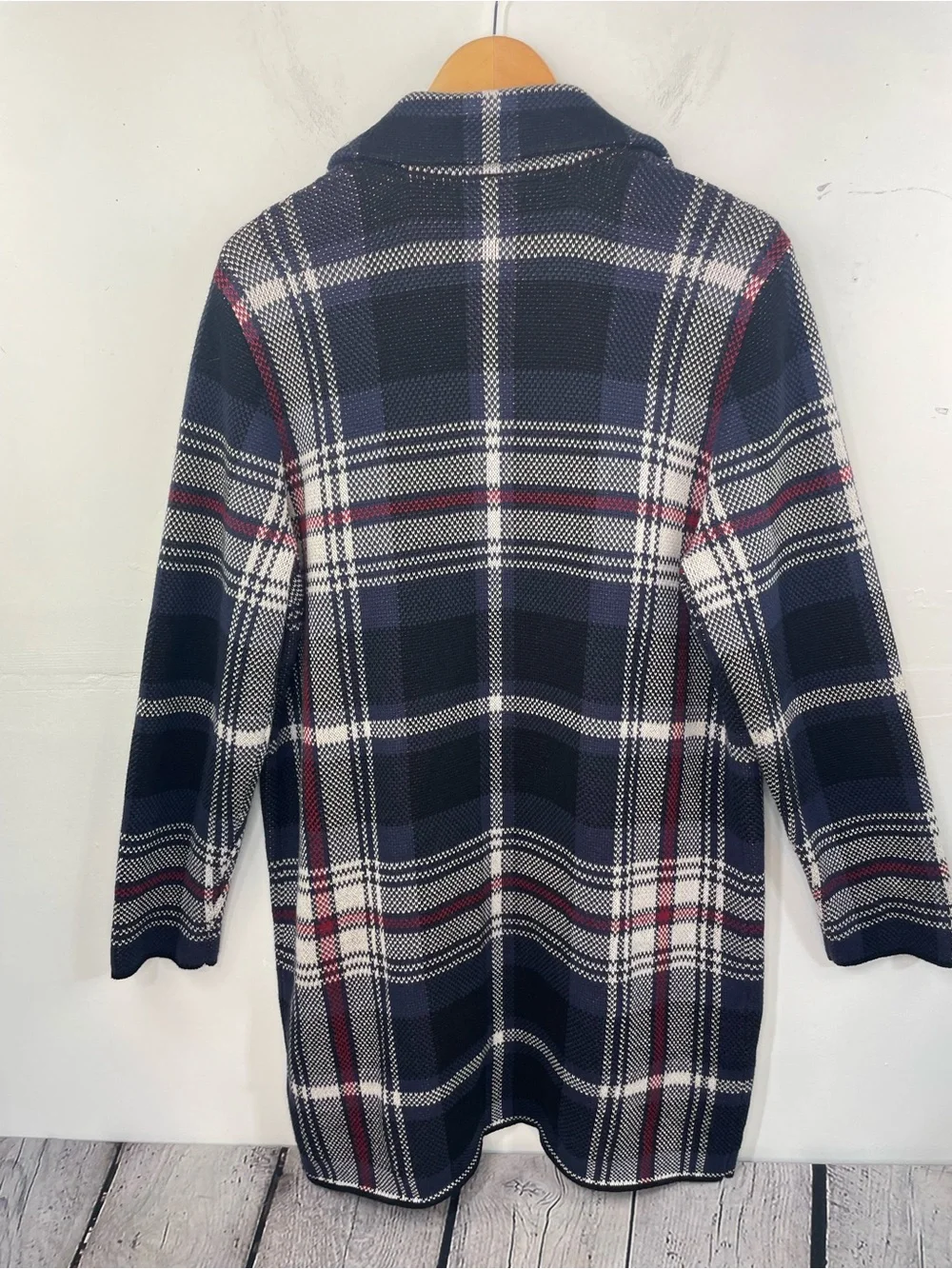 Chaps Plaid Open Front Cardigan Coat – Navy Burgundy & Cream size Large